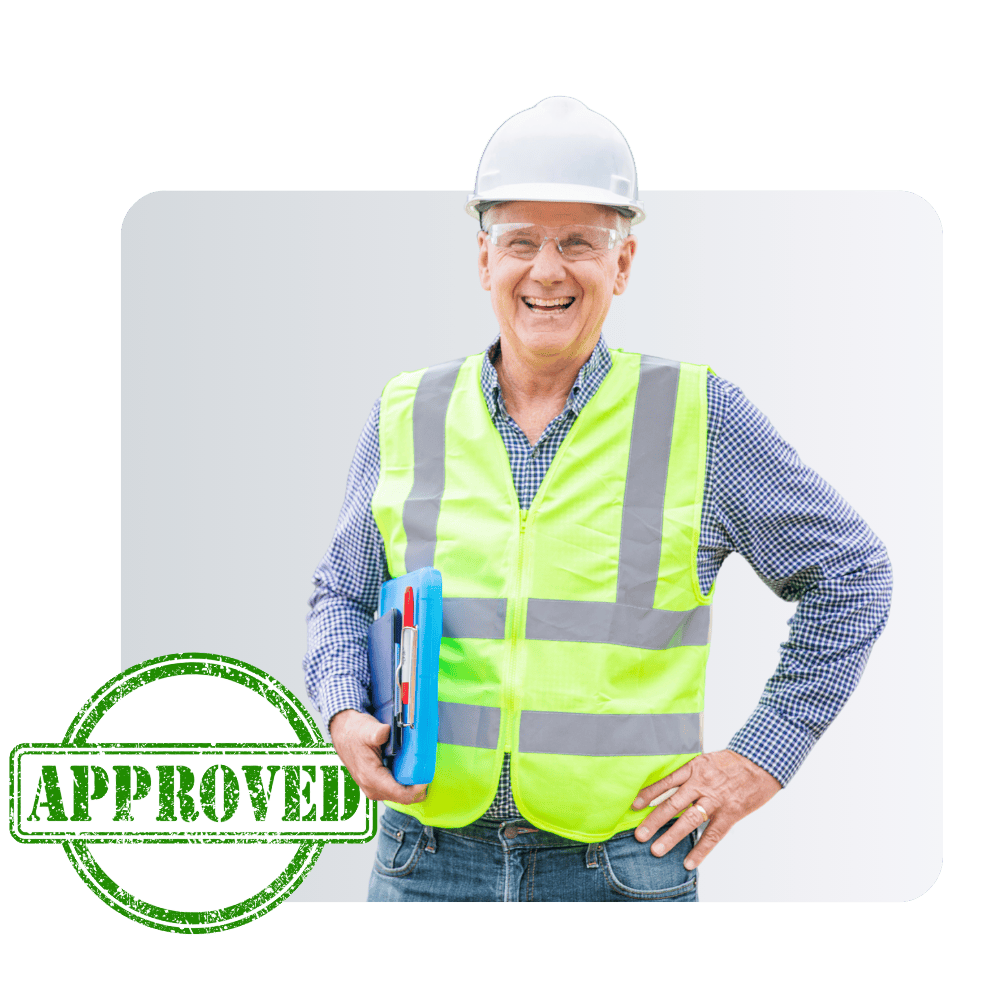Smiling construction professional in reflective vest holding plans, with 'Approved' stamp—symbolizing efficient permit approval through Greater Houston Land & Permit Services.