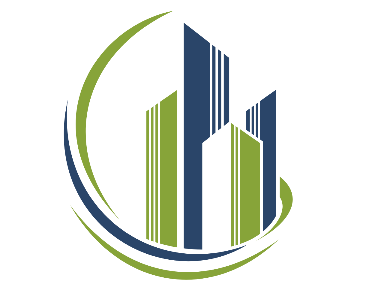 Abstract icon of high-rise buildings enclosed in green and blue arcs, symbolizing GHLP Services’ collaboration with environmental consultants and specialty service providers on permitting and compliance in Houston.
