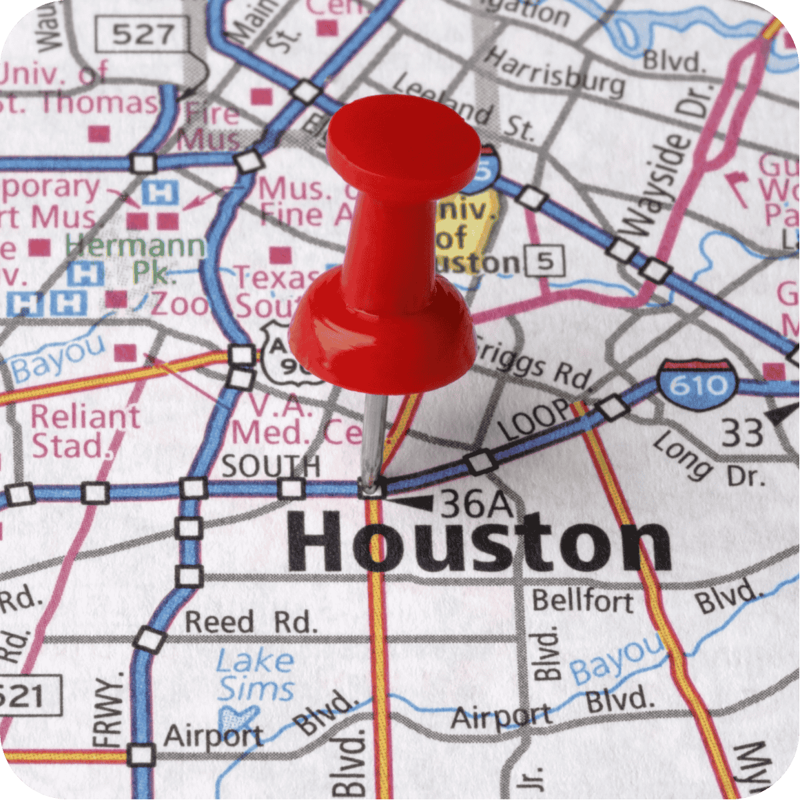 Map of Houston, Texas with a red pushpin marking the city center, representing GHLP Services’ deep local knowledge and permitting support across the Greater Houston area.