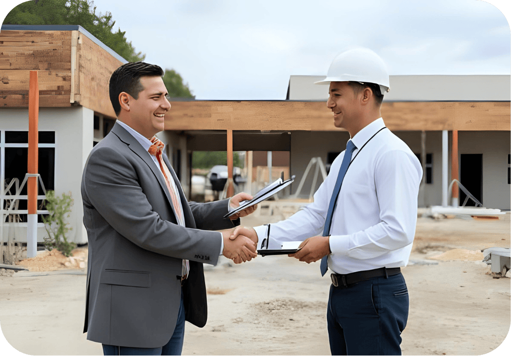 Two professionals shaking hands on a commercial construction site, representing GHLP Services’ trusted coordination of permitting and approvals for builders and developers in Houston.