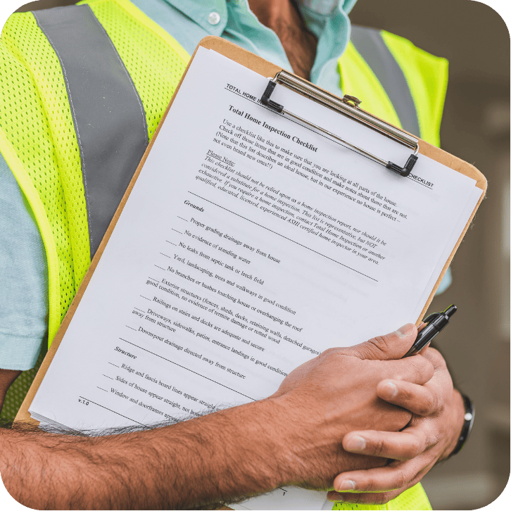 Close-up of a construction professional in a bright yellow safety vest holding a clipboard with inspection documents, representing GHLP Services’ coordination of permit-related inspections and compliance in Houston.