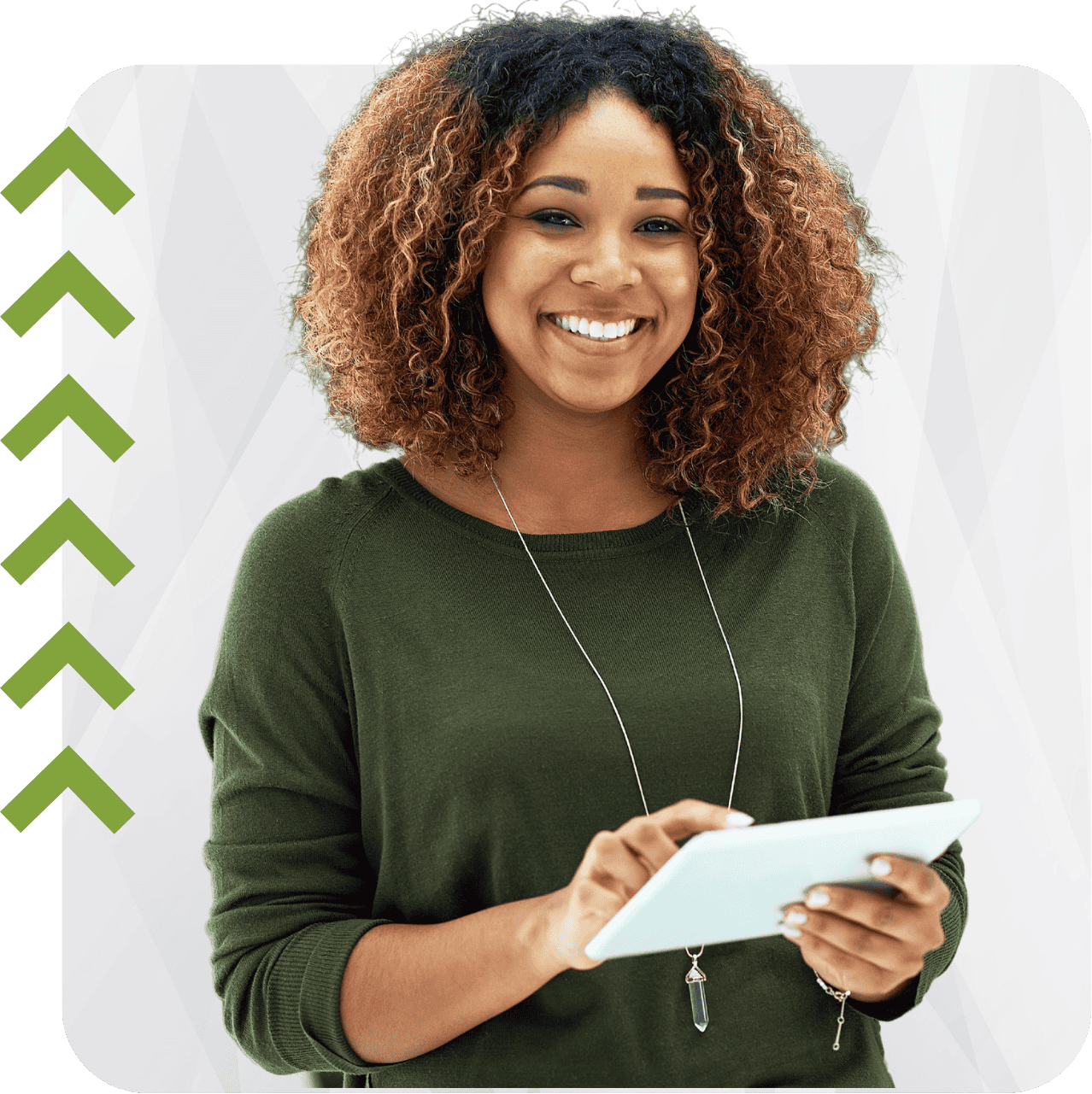 Smiling professional woman holding a tablet, symbolizing GHLP Services’ approachable, tech-enabled support for business owners navigating the permitting process in Houston.